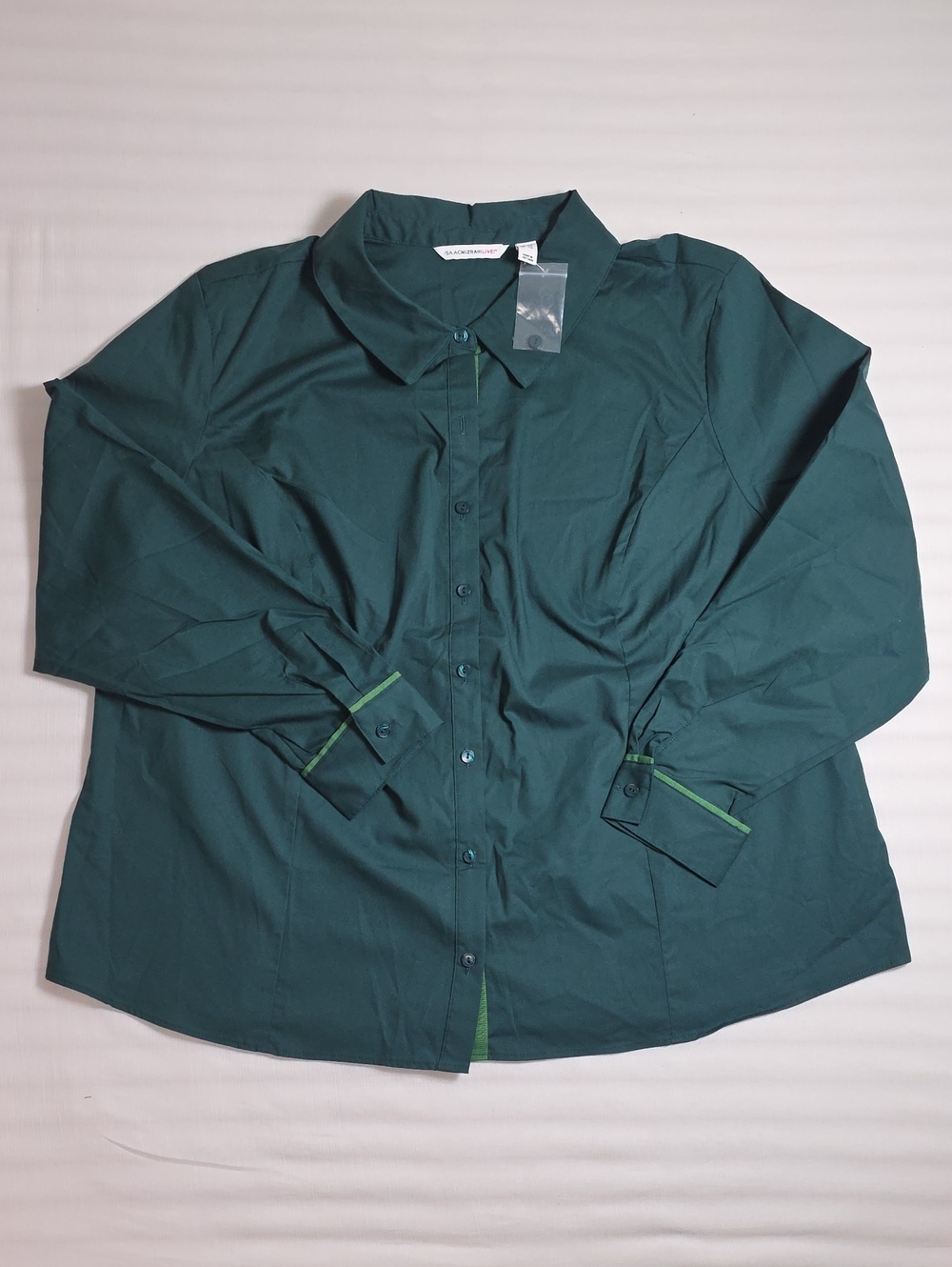 0872 Isaac Mizrahi Dark Teal Button-Front Shirt with Green Trim; 2X